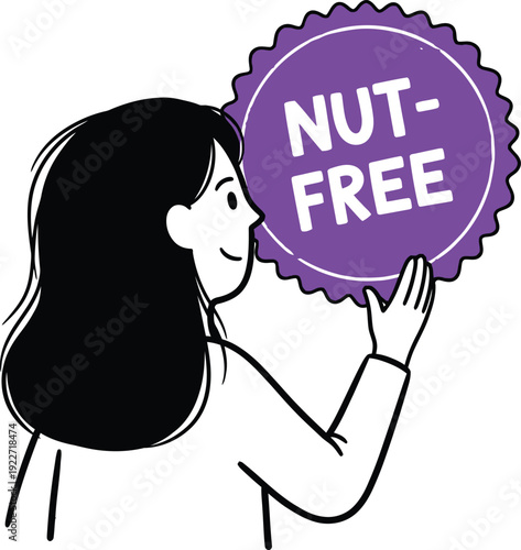 Smiling woman holding a purple serrated "NUT-FREE" label, promoting safe food choices and awareness for nut allergies and specific dietary needs.