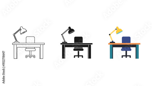 Three desks with lamps and office chairs in different styles Vector