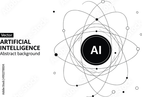 Artificial intelligence abstract background with neural network nodes and digital atom orbit lines for machine learning, big data, and technology.