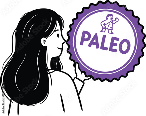 Smiling woman character holding a purple 'PALEO' food label with a caveman icon, concept of paleo diet, healthy lifestyle, and ancient nutrition