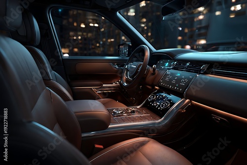 Luxurious modern automobile cabin illuminated by soft interior lighting and distant city glow