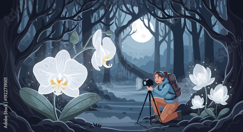 Woman photographing glowing white orchids in a mystical forest at night.