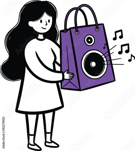 Happy Woman Character Holding Creative Music Speaker Shopping Bag with Musical Notes Illustration