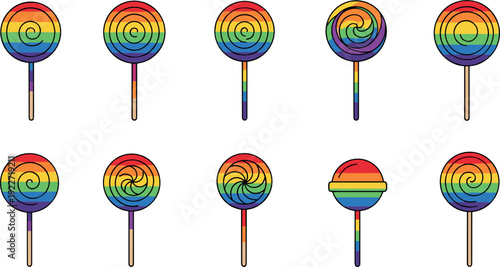 Rainbow lollipop icon set flat vector collection of colorful swirl candy sweets on sticks isolated on light background
