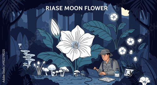 A large white moon flower blooming in a dark enchanting forest.