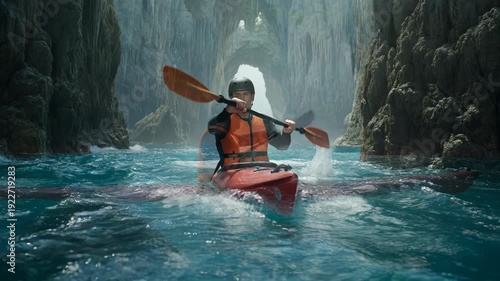 Man kayaking through turquoise waters near rocky cliffs - 4k video