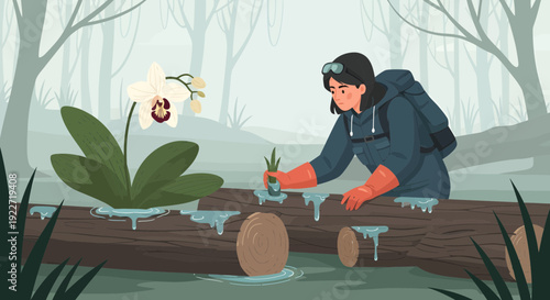 Botanist carefully examining a rare orchid in its natural habitat.