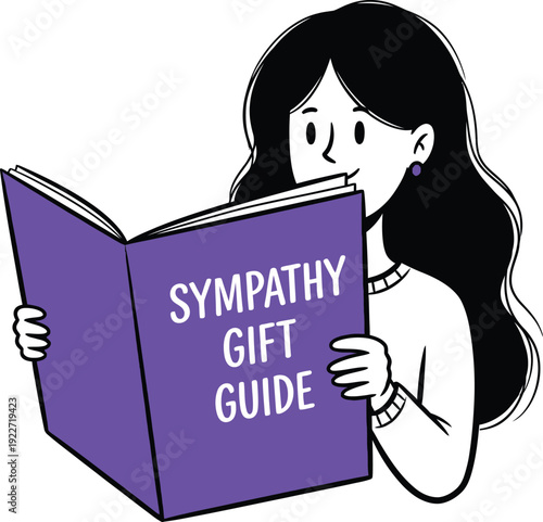 Caring Woman Reading a Sympathy Gift Guide Book with Purple Cover, Offering Comfort and Thoughtful Support During Difficult Times