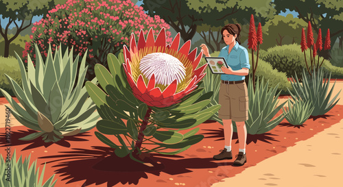 Botanist examining a large protea flower in a botanical garden.