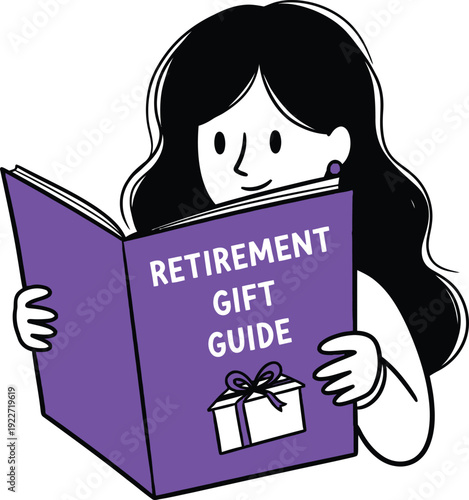 Thoughtful Woman Reading a Retirement Gift Guide Book with Purple Cover, Helping Plan Special Presents for Retirees