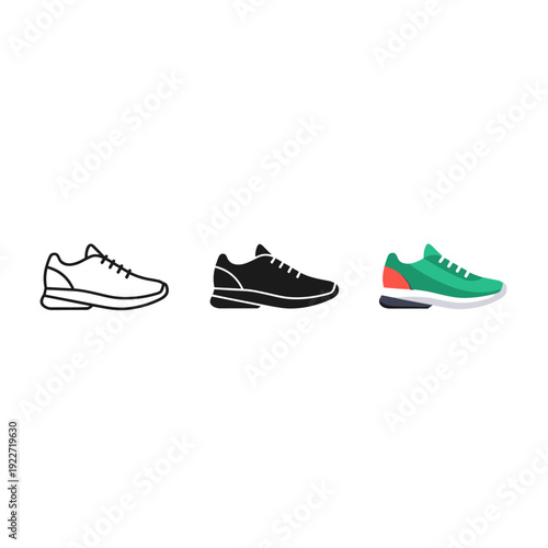 Three different colored sneakers in a row Vector