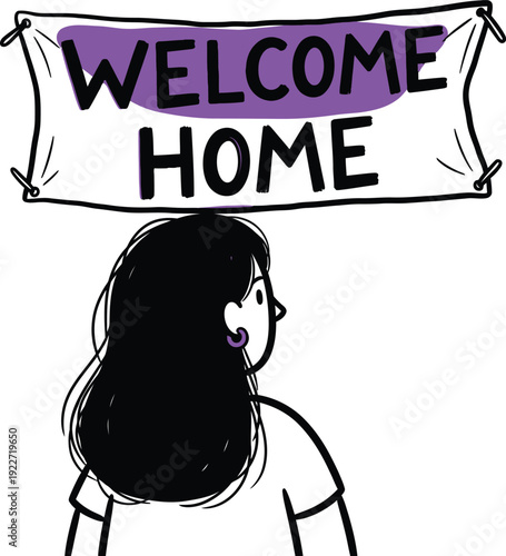 Woman Looking at a 'Welcome Home' Banner in Purple, Symbolizing a Warm Homecoming, Reunion, or Relocation