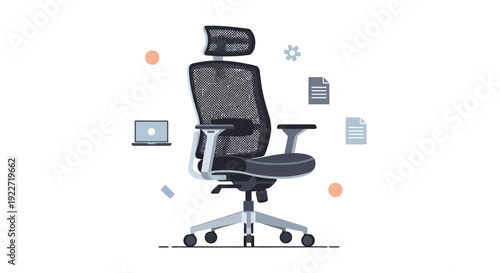 Modern office chair with laptop and documents in professional workspace