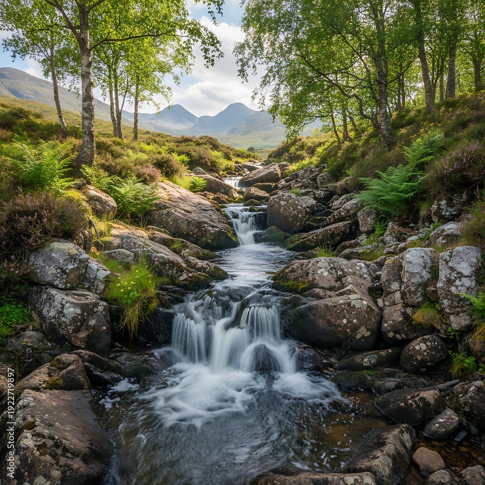 Fototapeta premium A serene forest stream flows gently over rocks