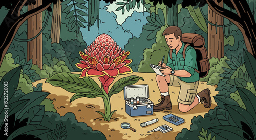 Botanist studying a vibrant torch ginger flower in a lush jungle.