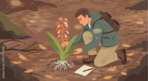 Botanist studying a rare orchid in its natural habitat.