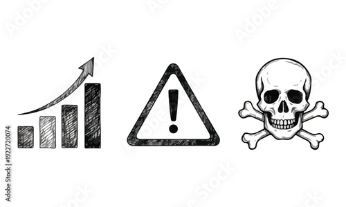 Growing Risk Concept with Bar Chart, Warning Sign, and Skull Icons