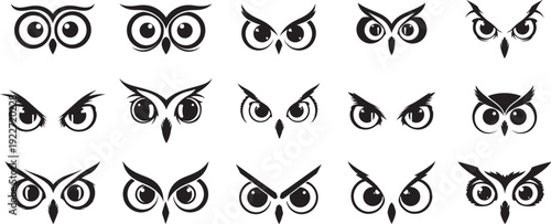 A silhouette of stylized cute owl eye collection, different shapes, vector art.