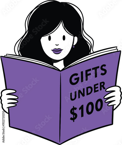 Smiling Woman Reading "Gifts Under $100" Shopping Book, Exploring Great Present Ideas within a Moderate Budget