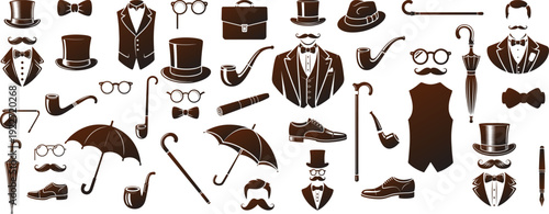 A clipart of featuring a classic retro gentleman element collection, top hat, bow tie, mustache, monocle-style eyeglasses, walking cane, pipe, formal vest, umbrella, and dress for barbershop branding