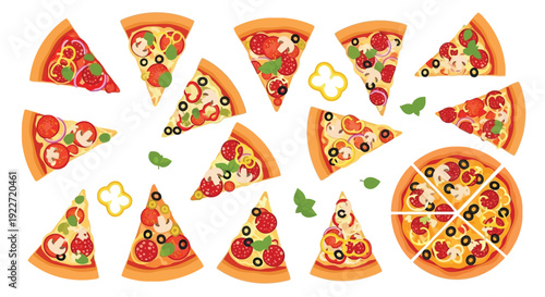 Delicious pizza slices with various toppings on white