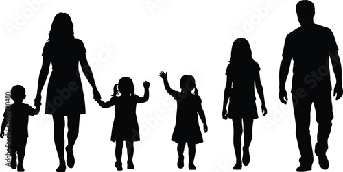 Black family silhouette set including parents and four children walking for cad drawing, architectural site plan, and flat vector illustration.