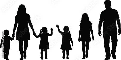 Fototapeta Black family silhouette set including parents and four children walking for cad drawing, architectural site plan, and flat vector illustration.