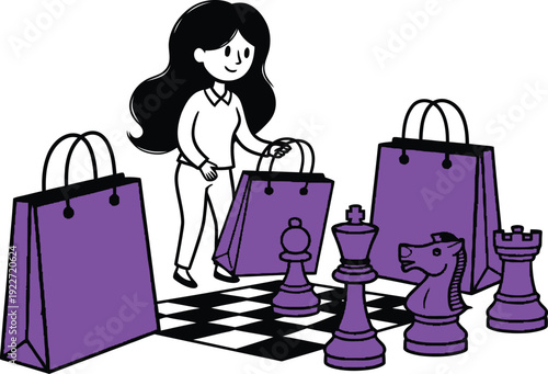 Playful illustration of a young woman shopping with purple bags on a chessboard surrounded by chess pieces, blending retail and strategy concepts for business