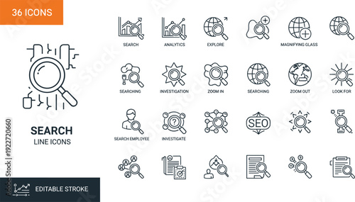 Set of 36 editable search line icons for data analytics digital exploration SEO optimization and employee investigation