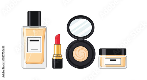 Vibrant makeup products arranged on clean white background