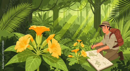 Explorer studying map in lush jungle with vibrant yellow flowers.