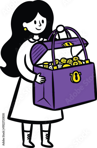Happy young woman in a white dress carrying a large open purple treasure chest overflowing with golden coins, symbolizing wealth, savings, and financial abundance