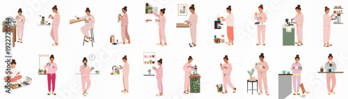 Collection of illustrations: Woman's comfortable home life and coffee rituals, from brewing to enjoying relaxation.