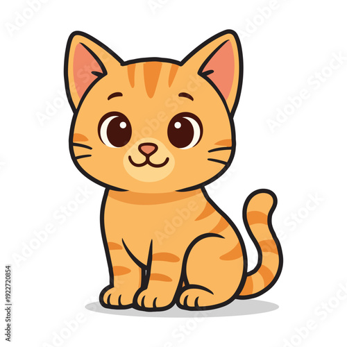 Adorable cartoon orange cat sitting happily with big eyes and a playful tail