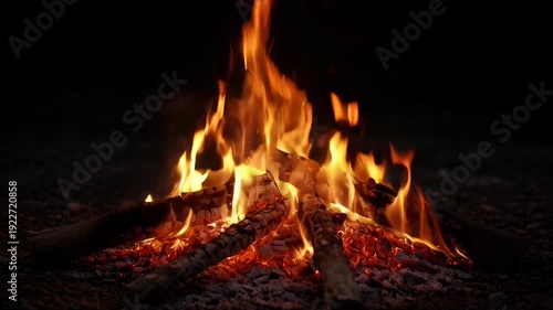 Vibrant campfire burning brightly in the dark - 4k video