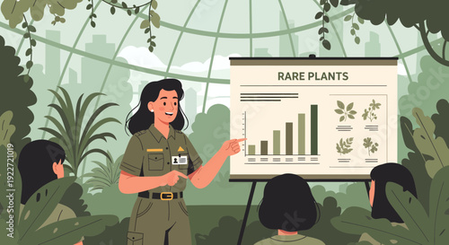 Female botanist presenting rare plant data to students in a greenhouse.