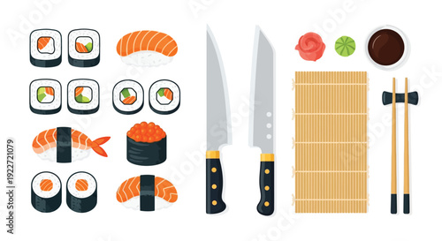 Vibrant sushi ingredients and utensils for a modern Japanese meal
