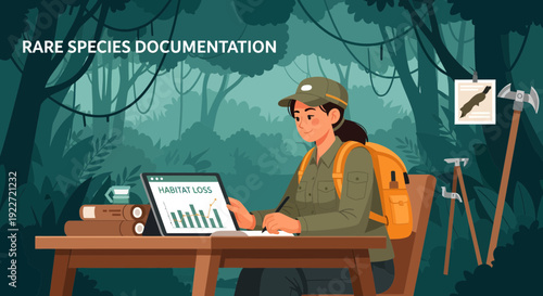 Female researcher documenting rare species data in a jungle environment.