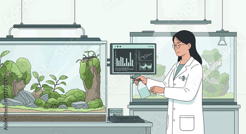 Female scientist conducting aquatic research in a laboratory setting.