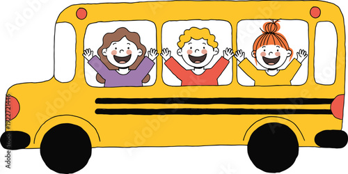 Cartoon school bus illustration, children inside, smiling faces, student transportation, yellow vehicle design, educational symbol, childhood commute, happy kids, vector art drawing
