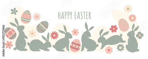 Bunnies, daisy flowers and Easter eggs