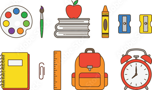 Cartoon vector illustration of school supplies including books, backpack, paint palette, ruler, notebook, crayon, clock, educational design for learning and classroom projects
