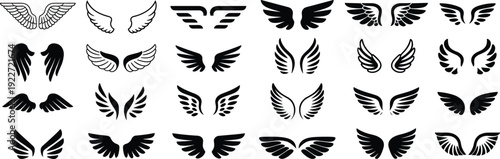 Angel wings silhouette collection featuring various feathered wing designs isolated on gray background for tattoo, logo and emblem projects