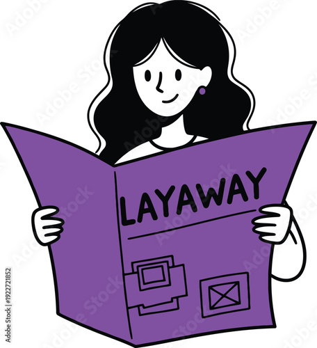 Convenient Shopping with Layaway Plan Illustration: Woman Browsing a Folder Displaying "Layaway" Options for Purchases.