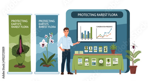 Man presenting at an exhibition booth focused on protecting the rarest flora with educational displays and charts.
