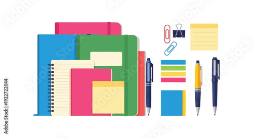 Vibrant office supplies and stationery arranged neatly on white background