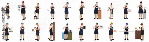 Diverse Baristas Crafting Coffee Beverages and Latte Art in Various Poses and Settings, Showcasing Professionalism and Cafe Service in Flat Design.