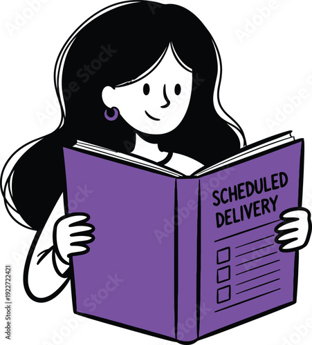 Young woman organizing a scheduled delivery with a checklist in a purple planner, e-commerce logistics illustration