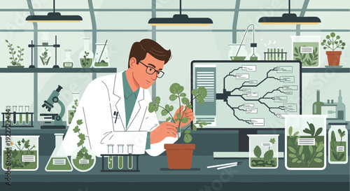Scientist examining plant in laboratory for botanical research.