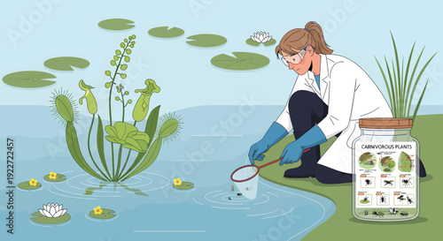 Scientist studying aquatic plants and insects in a natural water environment.